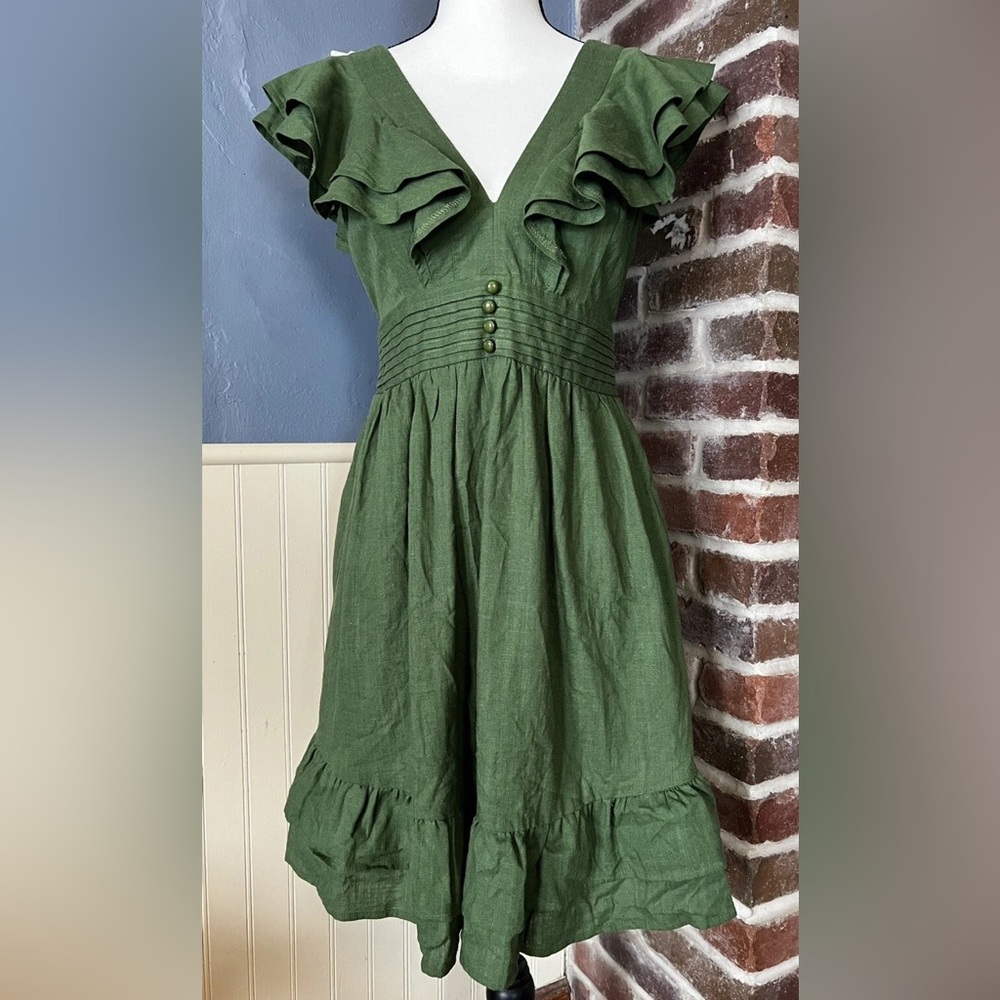 NWT Davi & Dani Linen Blend Olive Green Dress Open Back & Pockets Size S